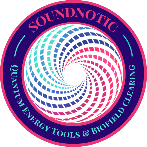 Soundnotic Wendy Brennan Circular logo for SoundNotic featuring a colorful spiral vortex in blue, pink, and teal with words 'SOUNDNOTIC' at the top and 'Quantum Energy Tools & Biofield Cleaning' around the rim.