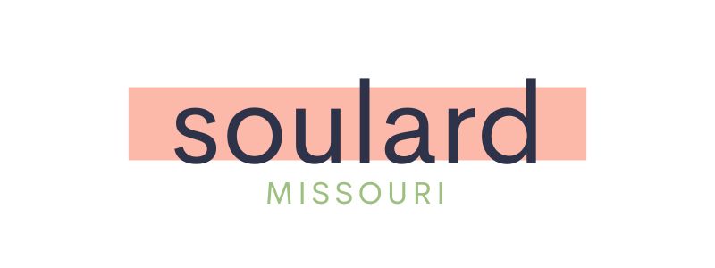 Soulard Missouri logo featuring the word 'soulard' in dark blue over a pink rectangular background, with 'MISSOURI' in light green beneath.