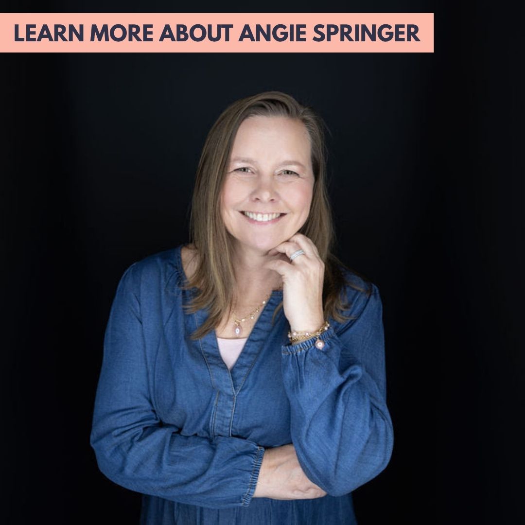 Smiling woman in a blue blouse against a dark backdrop, with a pink banner at the top reading 'LEARN MORE ABOUT ANGIE SPRINGER'.