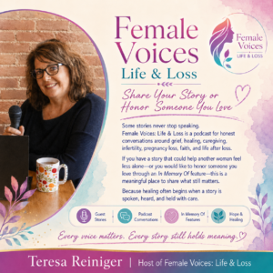 Promotional poster for Female Voices Life & Loss, showing a woman with a microphone on the left and a pastel text panel about sharing stories and honoring loved ones on the right.