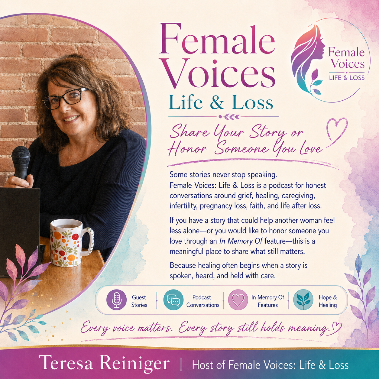 WEW-Marketplace-graphic Promotional poster for Female Voices Life & Loss, showing a woman with a microphone on the left and a pastel text panel about sharing stories and honoring loved ones on the right.