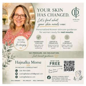 Smiling woman with glasses in a skincare ad promoting personalized Korean skincare guidance for real results.